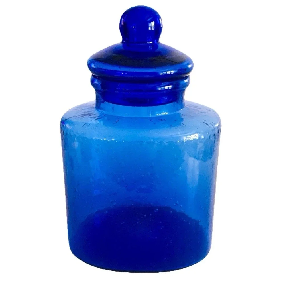 Mid Century Apothecary Jar Canister with Lid Blue Bubble Glass Hand Blown 10" - Picture 1 of 9